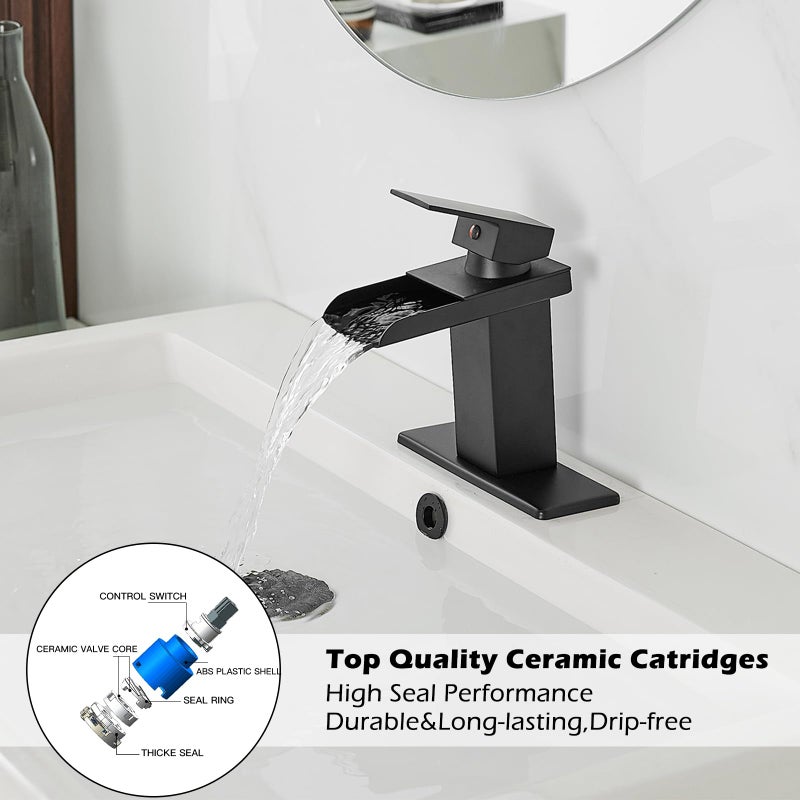 BWE Black Bathroom Faucet Waterfall Single Handle Bathroom Faucet One Hole Bathroom Sink Faucet with Supply Line Lavatory Vanity Mixer Tap Deck Mounted Matte Black - Image 4